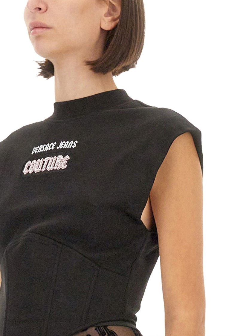 Shop Versace Jeans Couture Slim-fit Top With Contrasting Logo Detail In Black