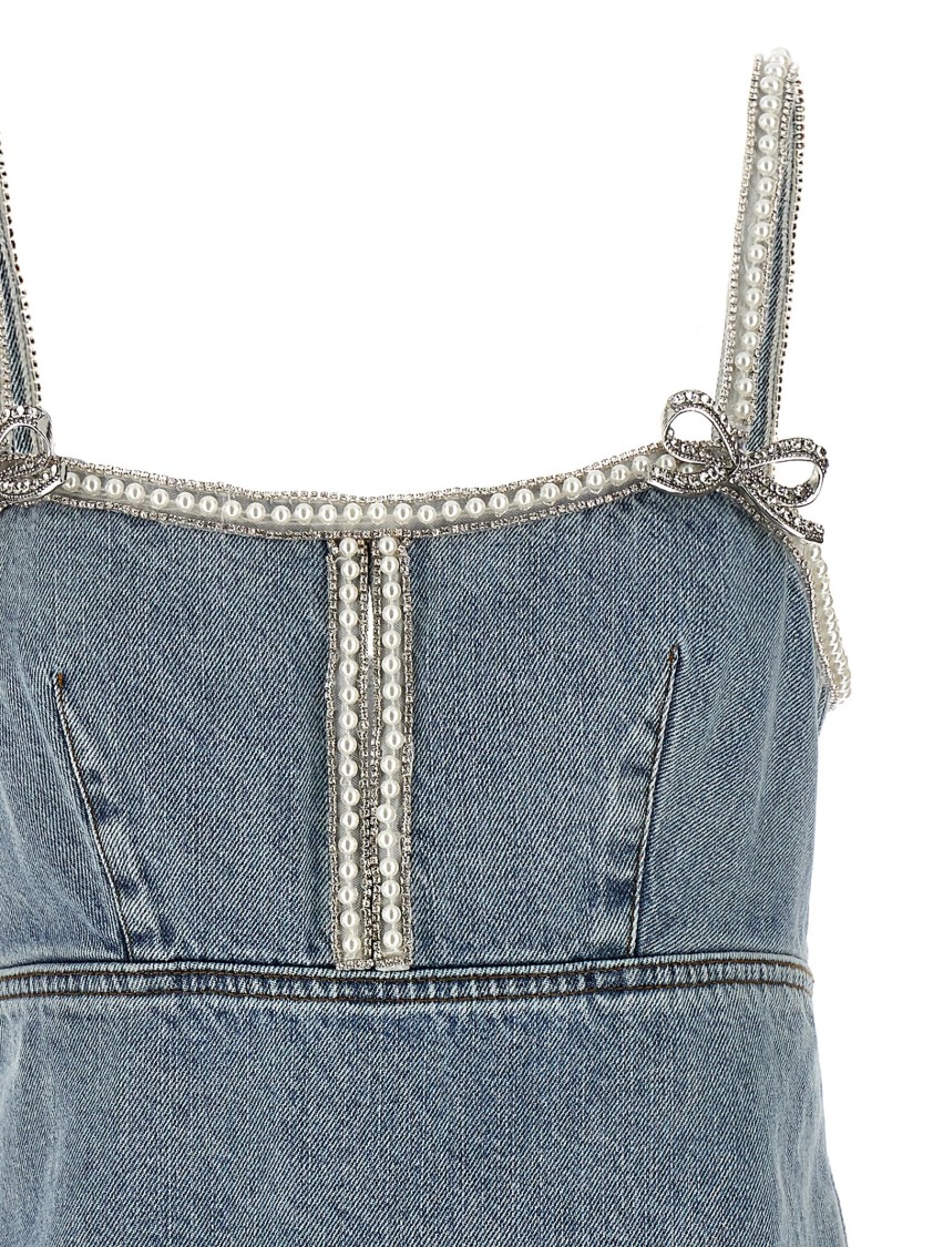 Self-portrait Denim Mini Dress With Pearls In Blue