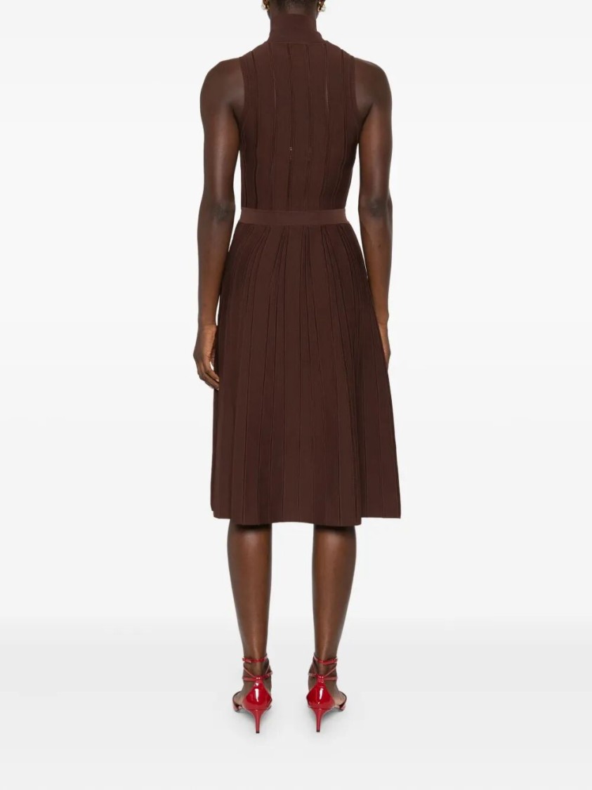 Elisabetta Franchi Ribbed Turtleneck Belted Maxi Dress In Brown