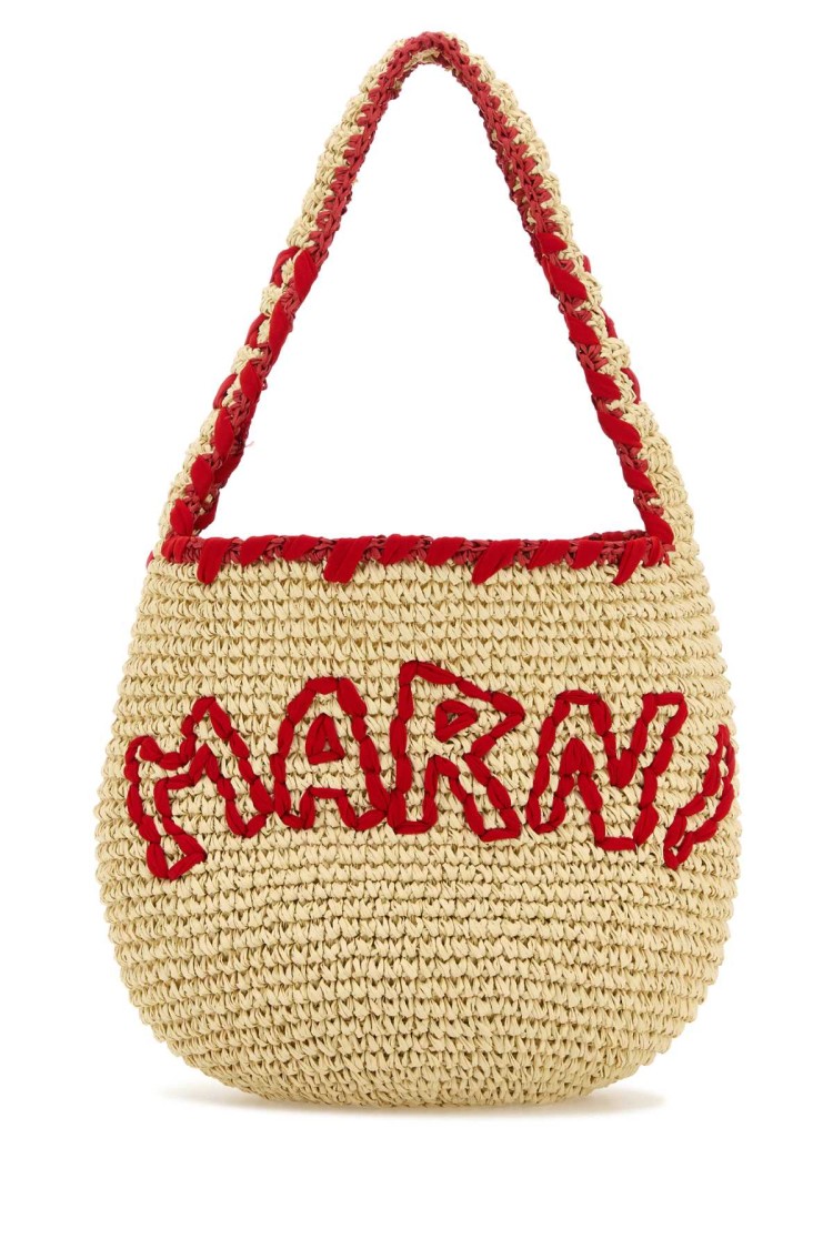 Marni Woven Shoulder Bag With Bold Red Accents In Brown