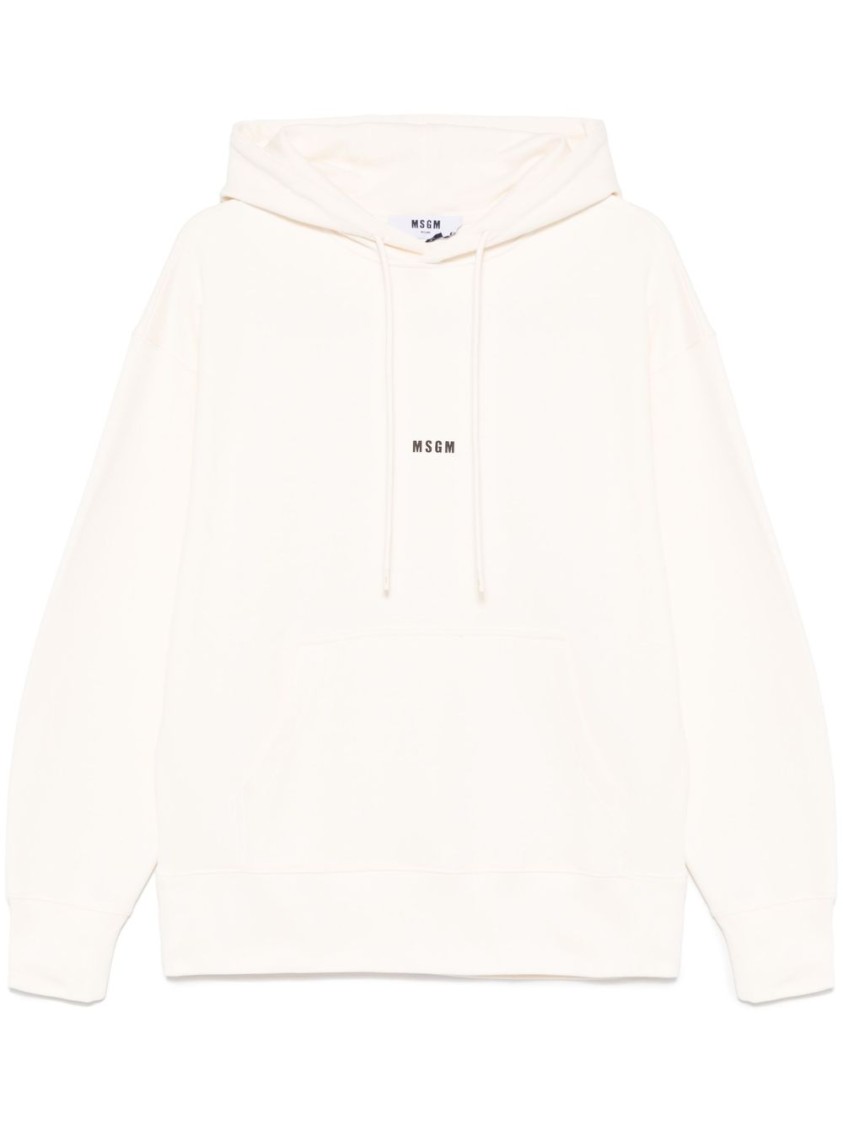 Msgm White Cotton Hoodie With Black Logo In Neutrals