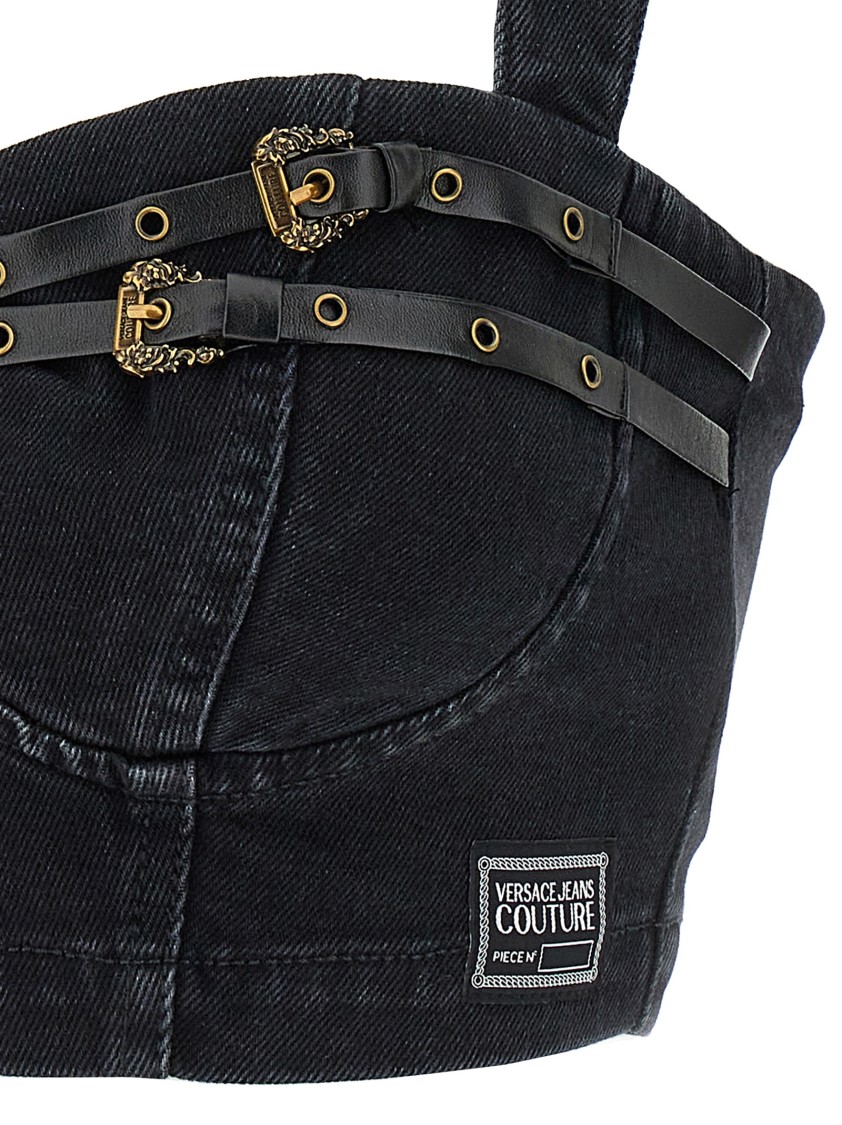 Versace Jeans Couture Baroque Buckle Denim Top With Heart Neck In Black