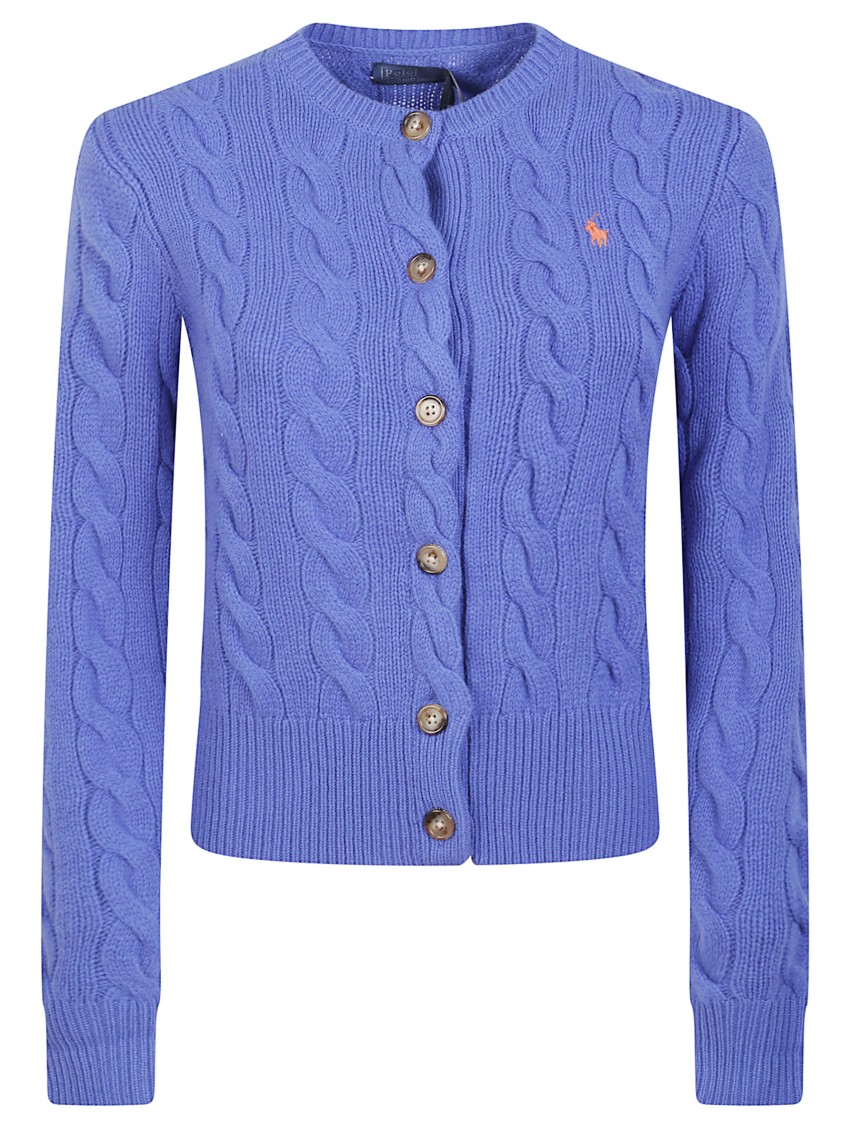 Polo Ralph Lauren Cable-knit Cashmere Blend Cardigan With Embroidered Pony In Blue