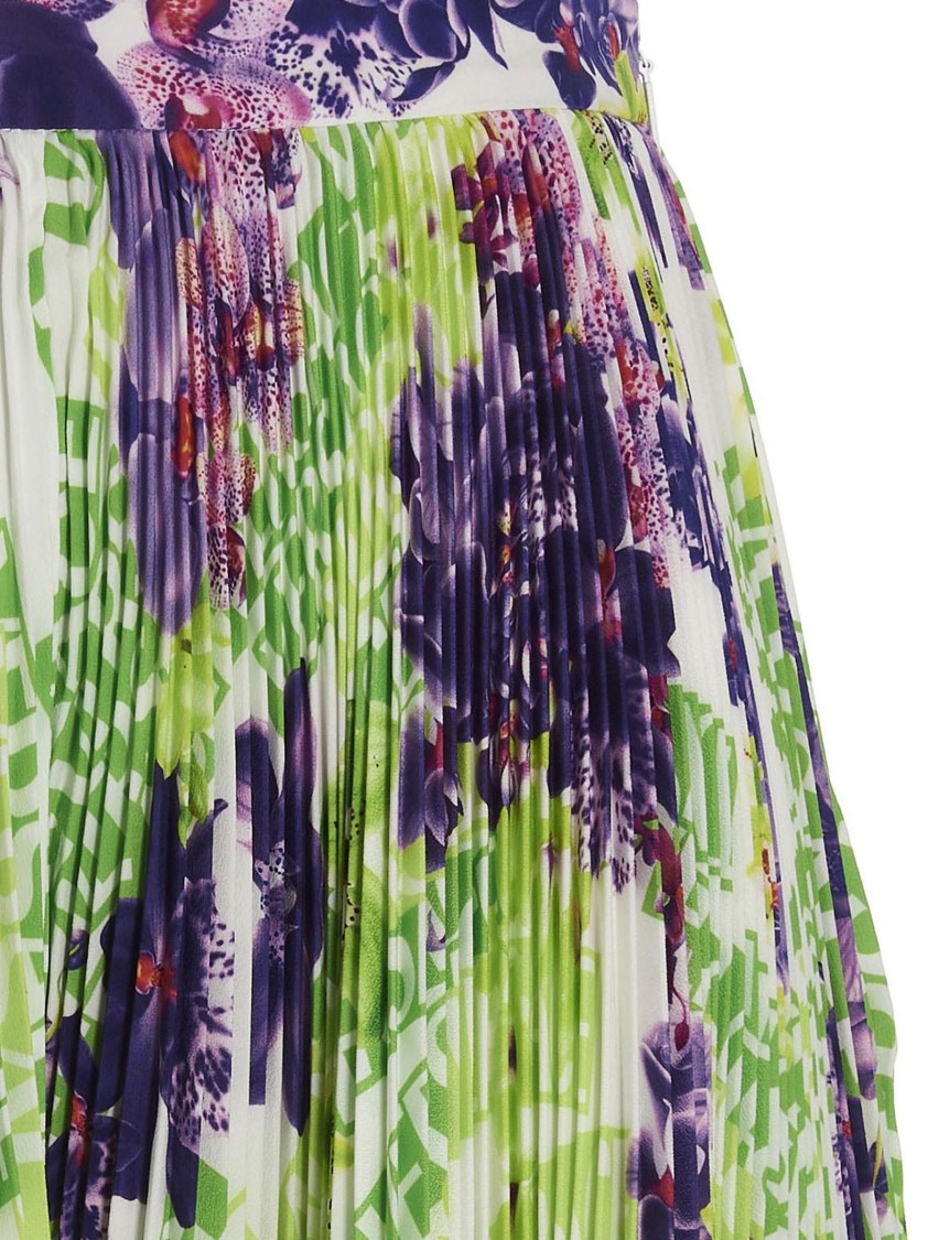Versace Logo Orchid-print Pleated Asymmetric Skirt In Green
