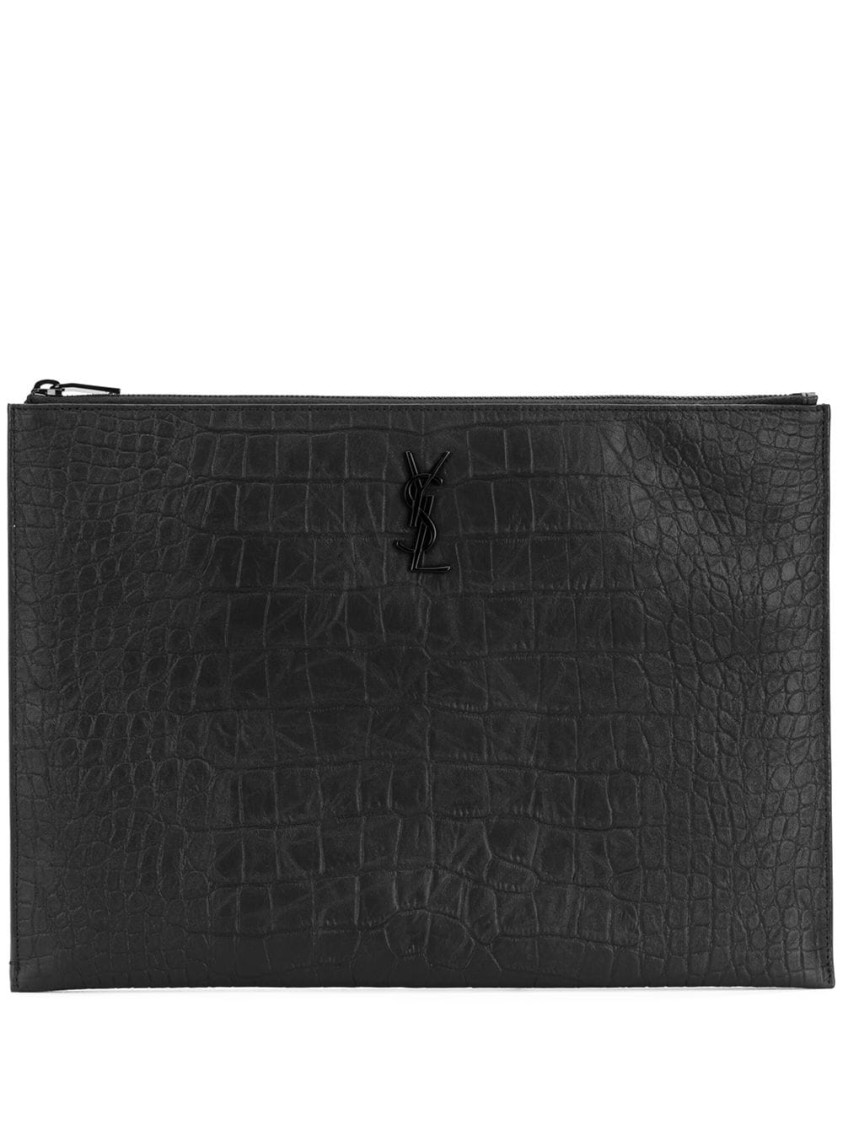 Saint Laurent Monogram Pouch With Embossed Crocodile Effect In Black