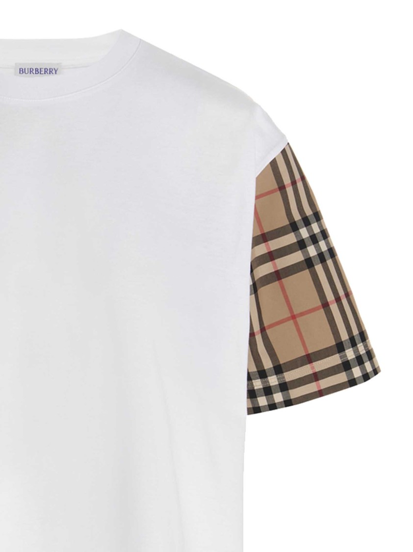 Burberry White T-shirt With Contrasting Check Motif Sleeves In White
