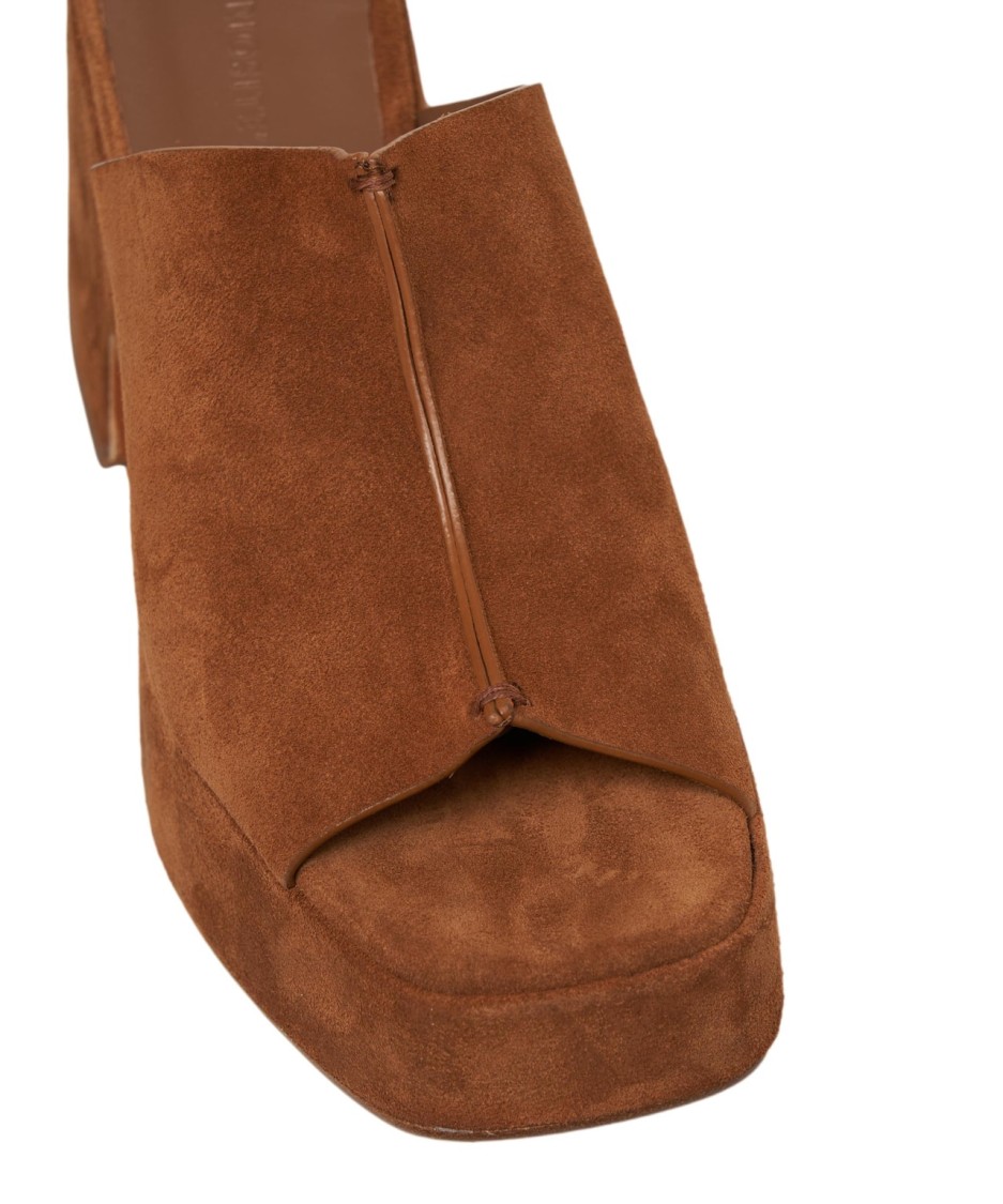 Curiosite Suede Sabots With Exquisite Top Stitching In Brown