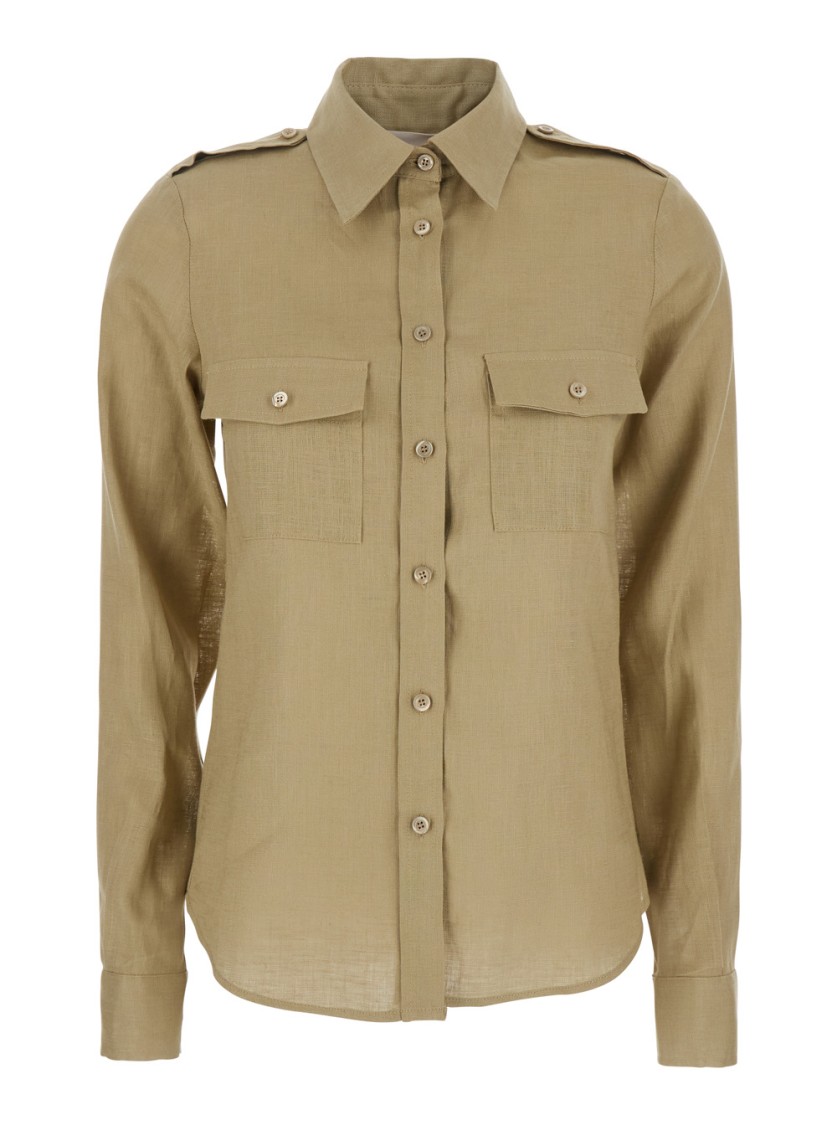 Shop Semicouture Semi Couture Beige Linen Shirt With Chest Patch Pockets In Neutrals