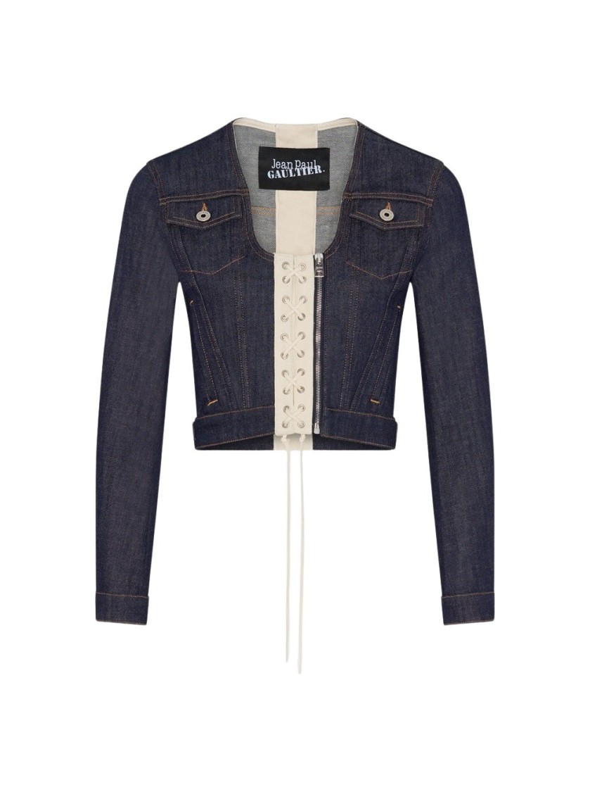 Shop Jean Paul Gaultier Cropped Indigo Denim Jacket In Blue