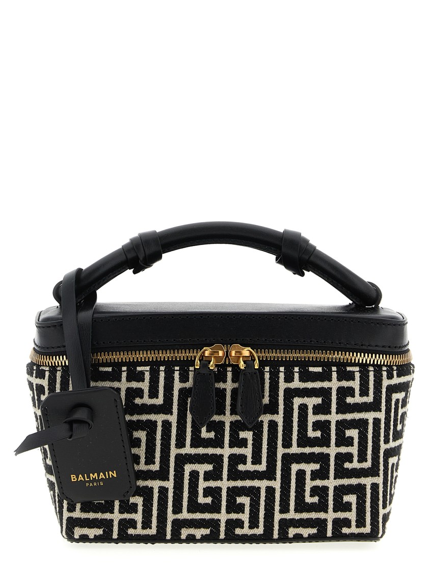 Balmain B-army Vanity Case In Monogrammed Canvas And Leather In Black