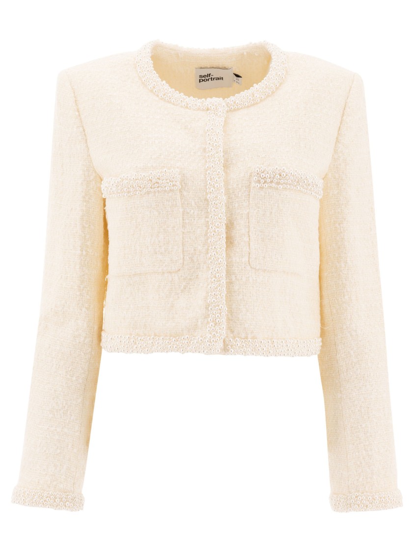 Self-portrait Cropped Knitwear With Textured Fabric In Neutral