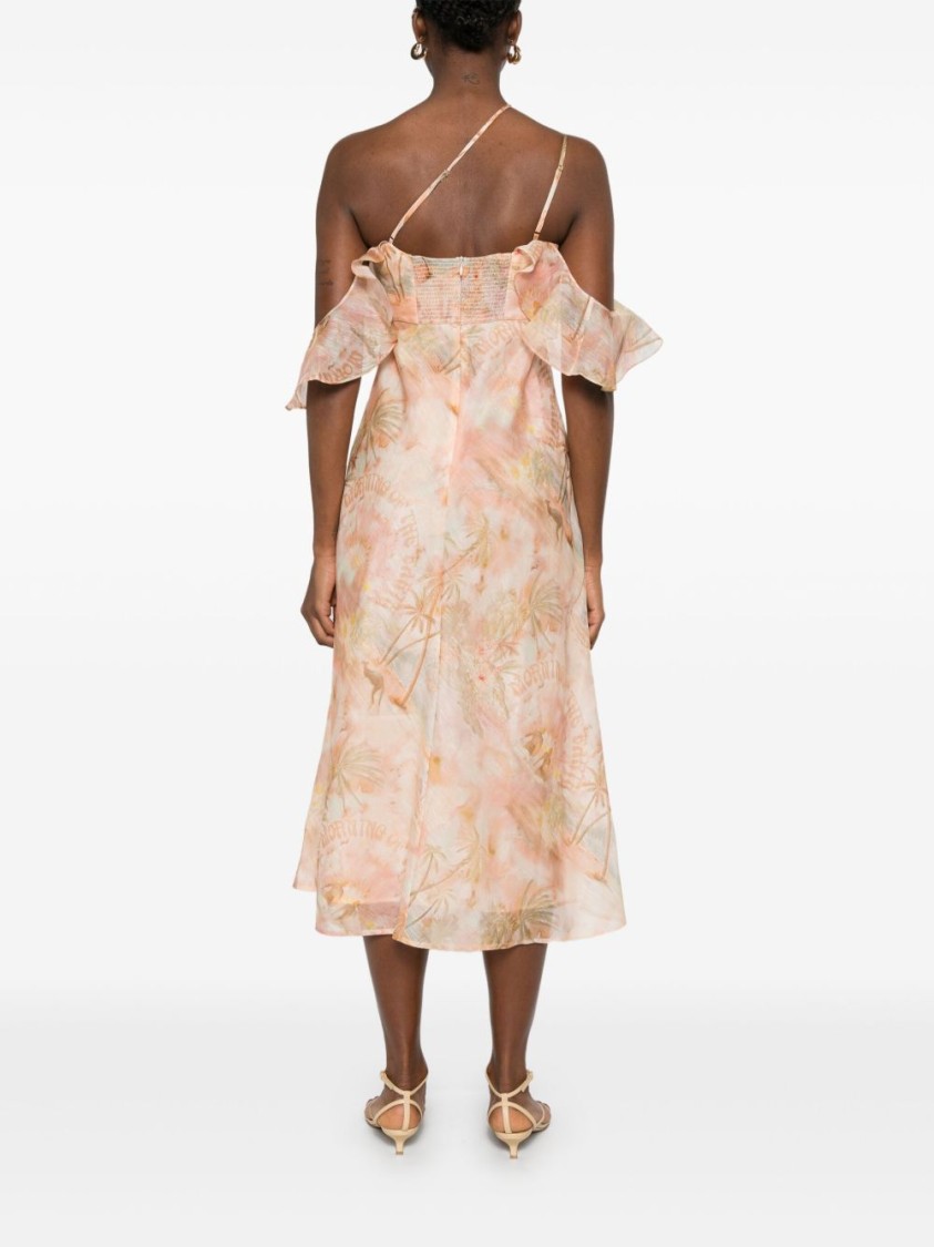 Zimmermann Floral Print Midi Dress With Ruffled Sleeves In Neutral