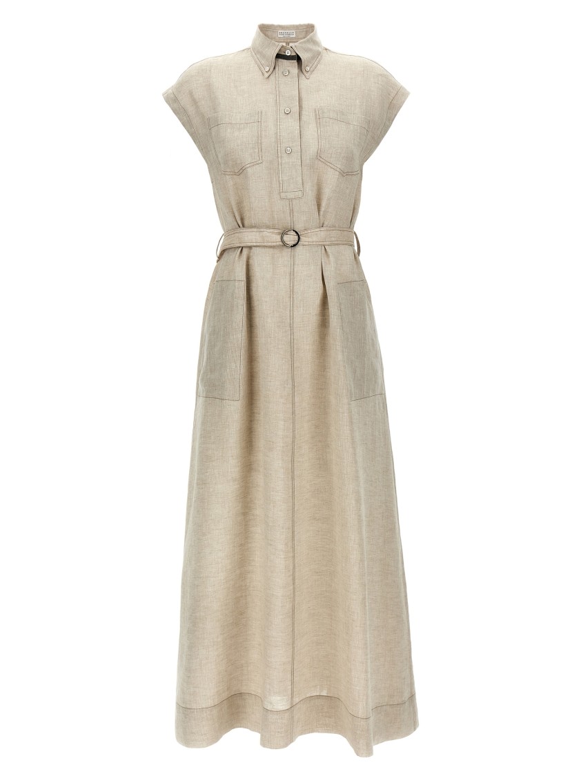 Brunello Cucinelli Sleeveless Linen Shirt-style Dress With Monile Detail