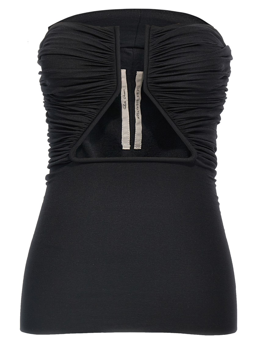 Rick Owens Off-the-shoulder Black Prong Bustier Top With Draping In Black