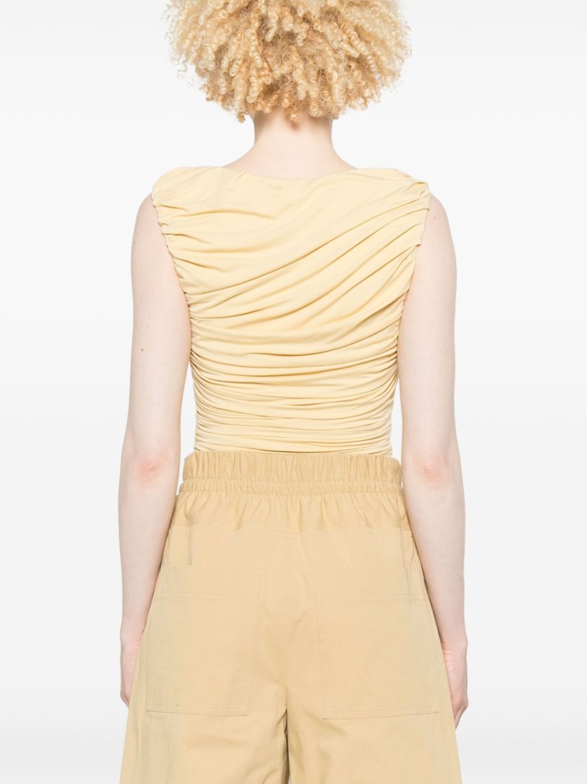 Abadia Draped Pastel Yellow Bamboo Rayon Bodysuit In Yellow