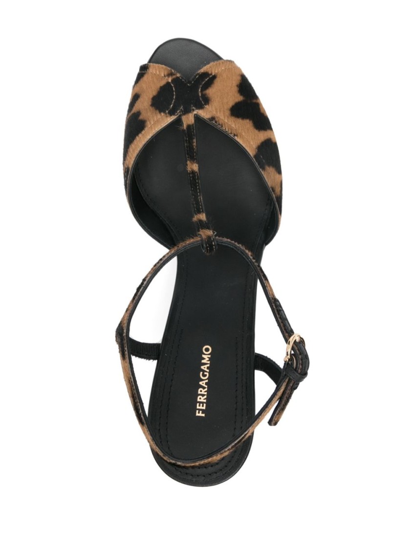 Ferragamo Salvatore  Open-toe Black Sandals With Leopard Print In Gray
