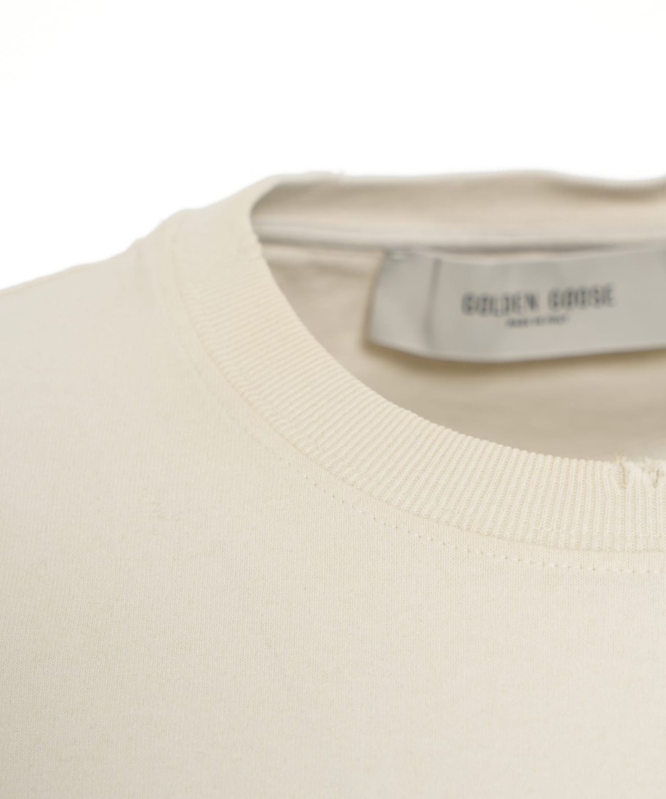 Golden Goose Deluxe Brand Beige T-shirt With Ribbed Collar And Silver Accents In Neutrals