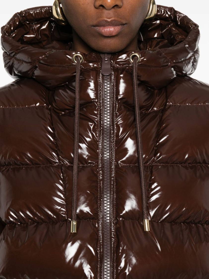 Pinko Oversized Glossy Brown Quilted Down Coat With Hood In Brown
