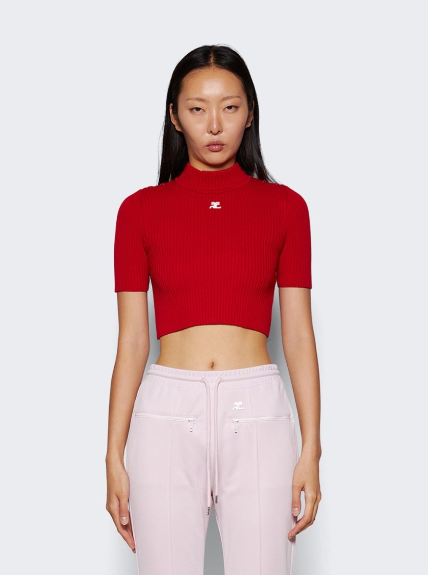 Shop Courrèges Shoulder Snaps Rib Knit Cropped Sweater Top