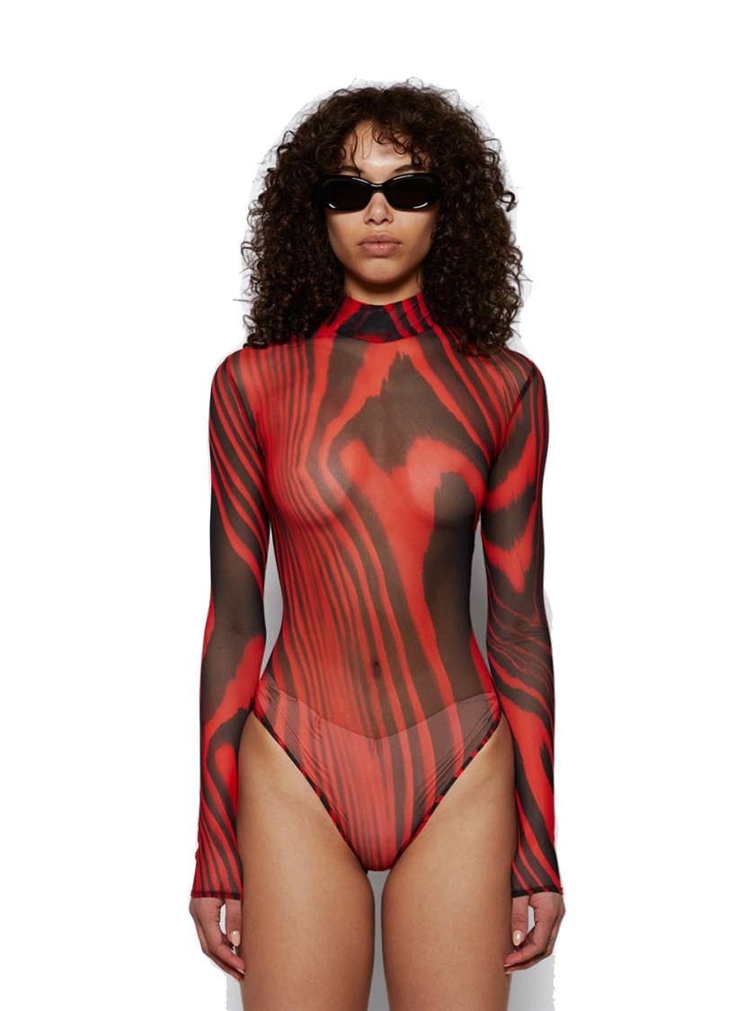 DAVID KOMA DAVID KOMA PRINTED MESH BODYSUIT RED AND BLACK