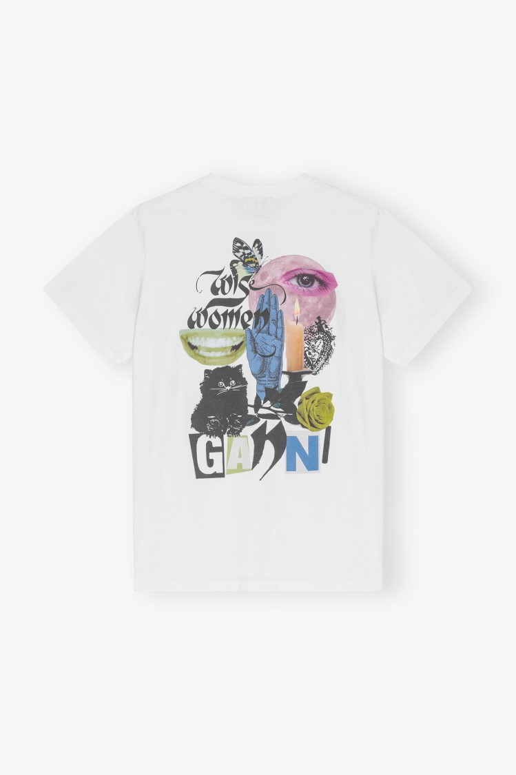 Ganni Relaxed-fit White Jersey T-shirt With Graphic Print In White