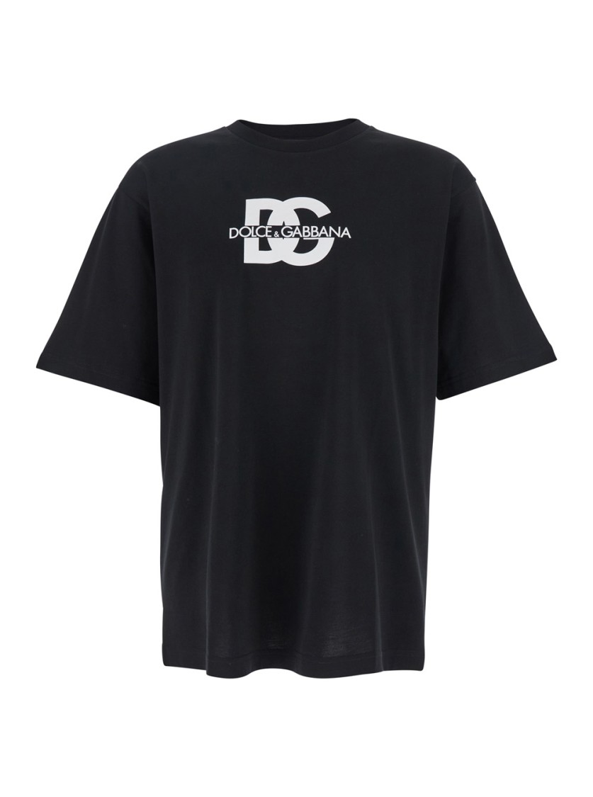 Dolce & Gabbana Black T-shirt With Crew Neck And Printed Logo On The Front In Cotton