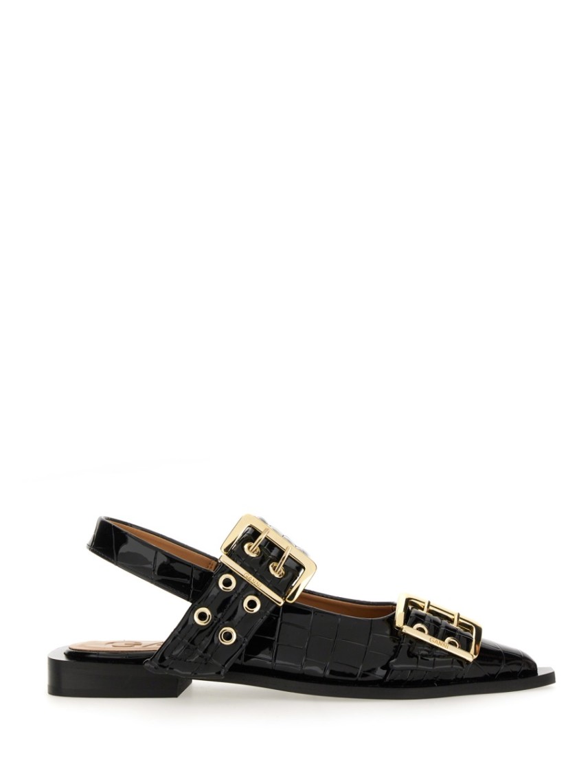 Ganni Buckle Ballerina Crocodile-effect Slingback Flats In Black