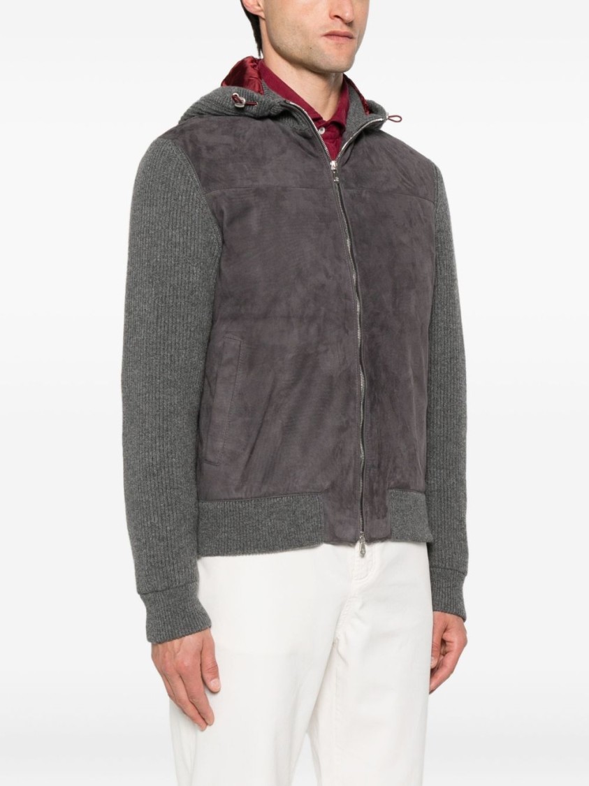 Brunello Cucinelli Grey Suede And Knit Hooded Jacket In Gray