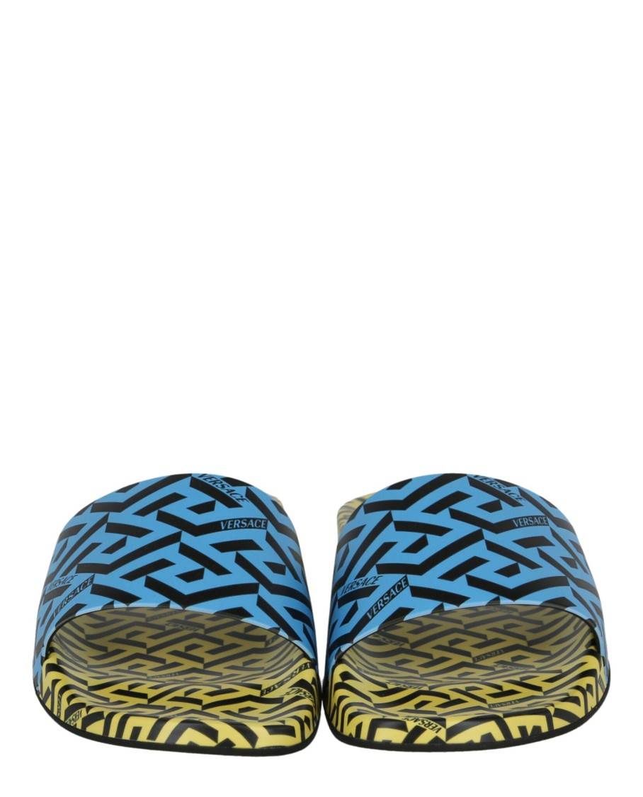Versace Greca Print Slides In Blue