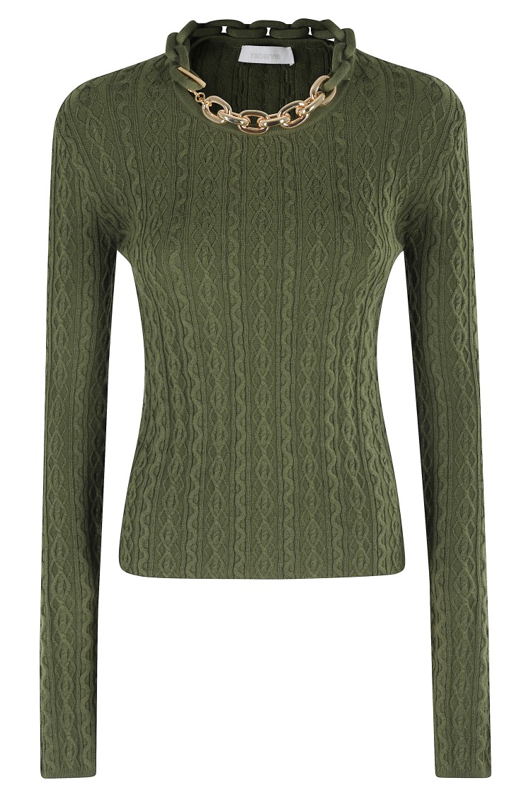 Rabanne Textured Knit Sweater With Braided Detail In Green