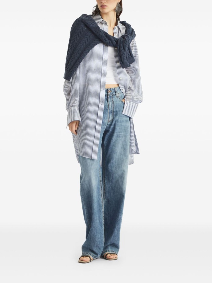Brunello Cucinelli Wide-leg Blue Jeans With Whiskering Effect And Classic Five-pocket Design In Blue