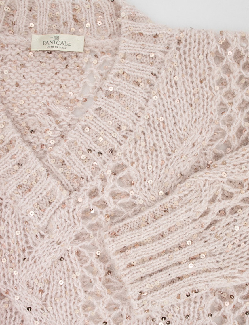 Panicale V-neck Sweater With Intricate Cable Knit In Neutrals