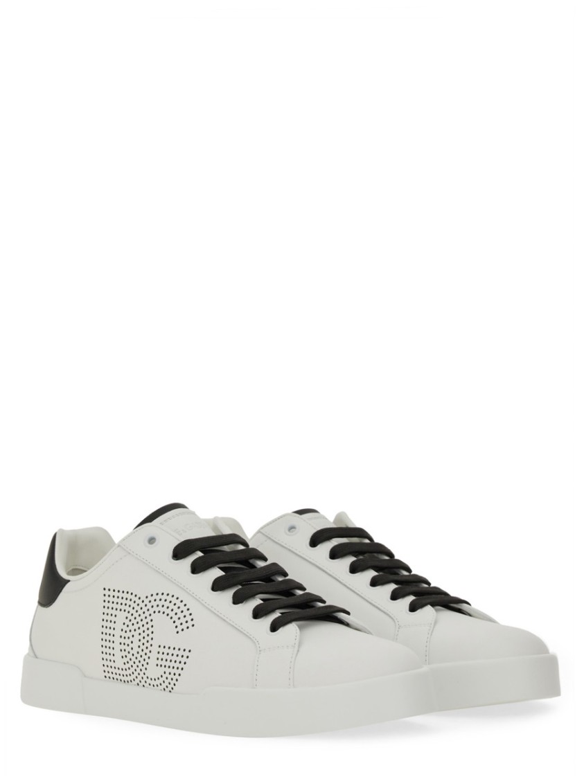 Dolce & Gabbana White And Black Leather Sneakers In White