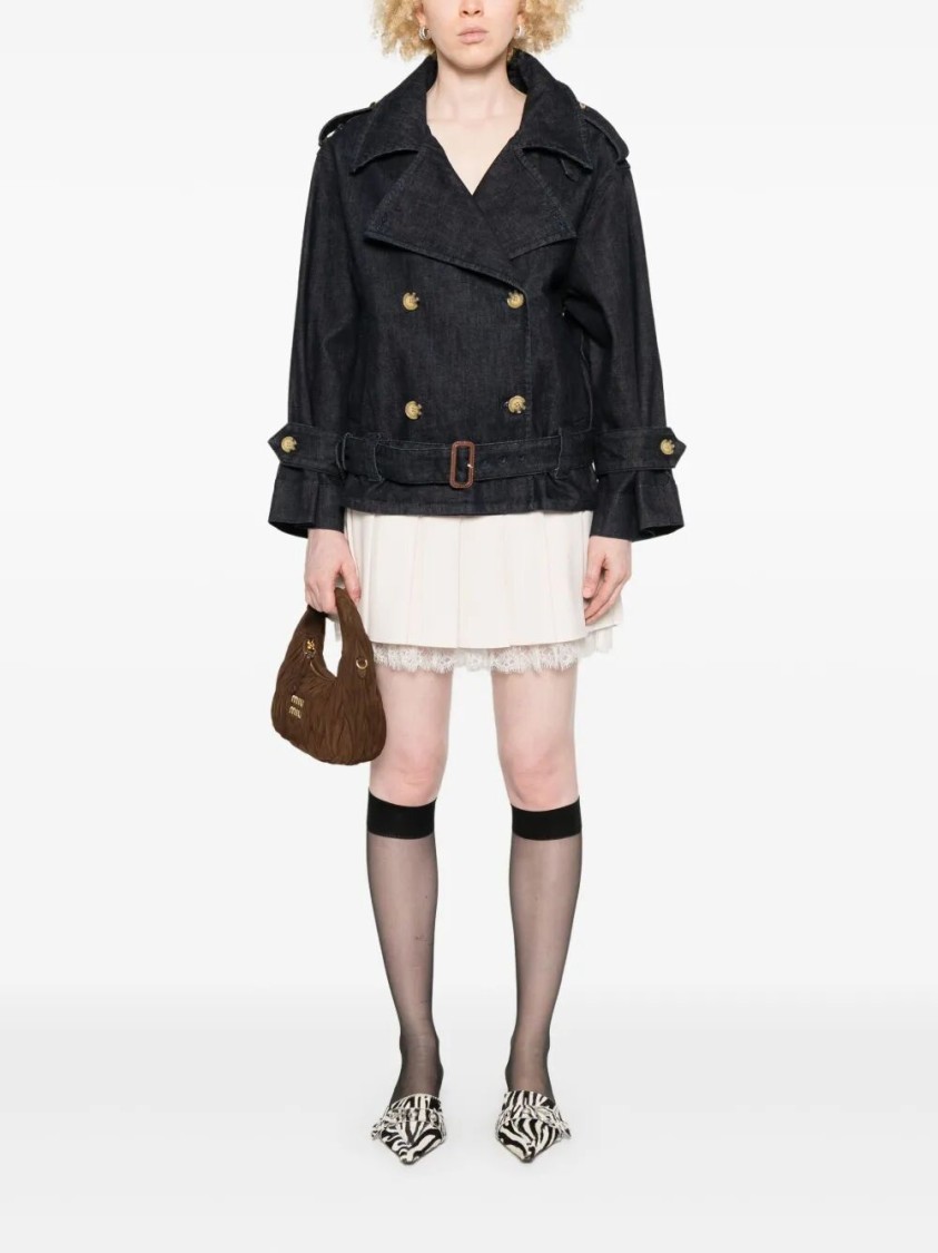 Self-portrait Double-breasted Denim Trench Jacket In Black