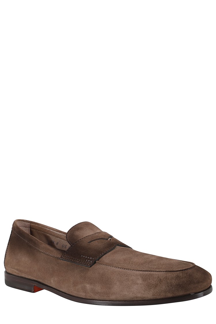 Santoni Suede Carlos Penny Loafers In Brown