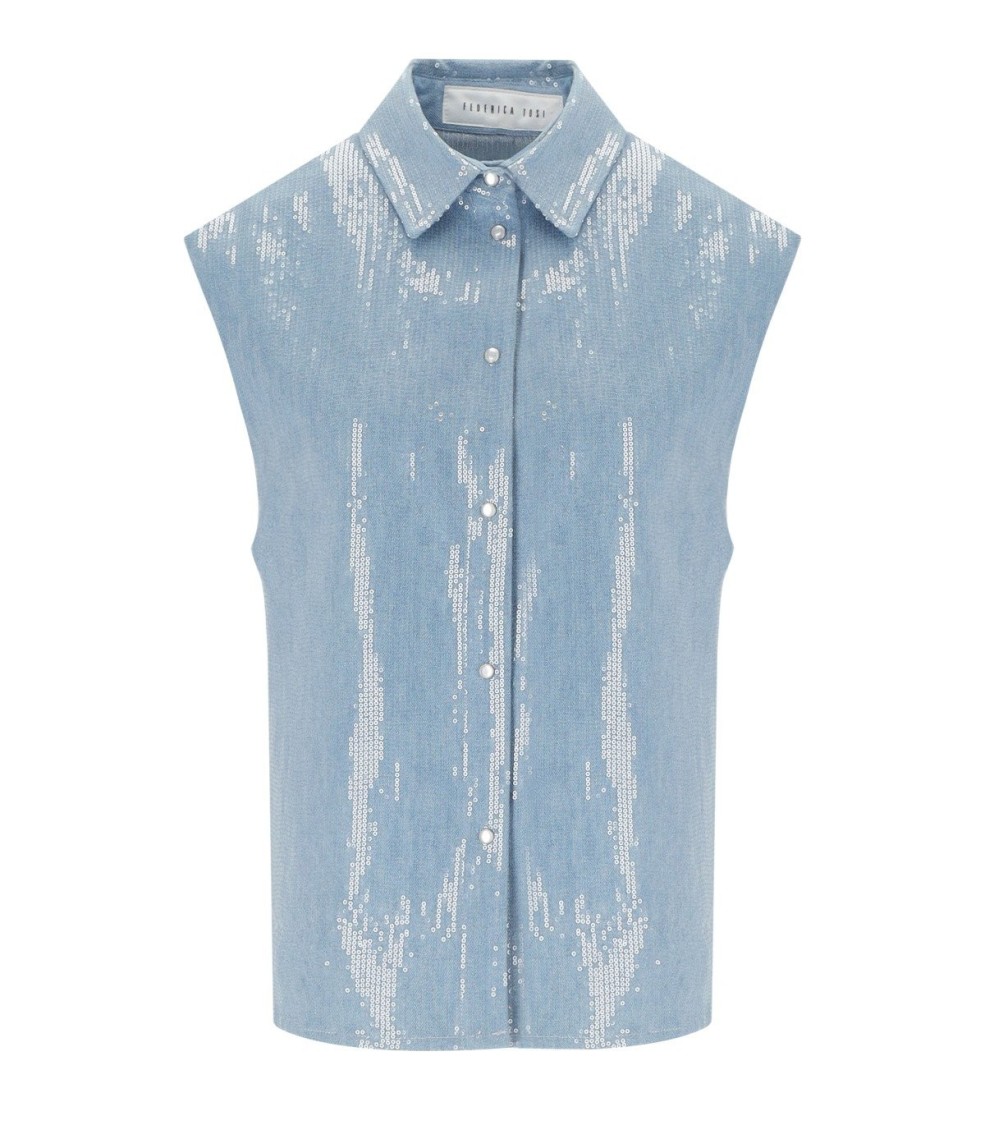 FEDERICA TOSI FEDERICA TOSI DENIM ACQUA SEQUINS SLEEVELESS SHIRT