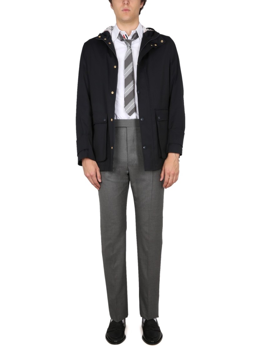 Thom Browne Nylon Parka With Front Pockets And Hood In Blue