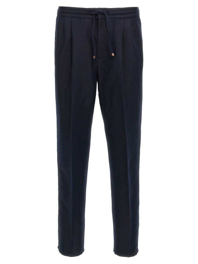 Brunello Cucinelli Men Leisure Fit Trousers In Virgin Wool Flannel With Drawstring And Double Darts In Blue
