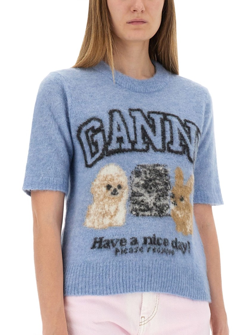Ganni Light Blue Crewneck T-shirt With Maxi Logo Embroidery On The Front In Blue