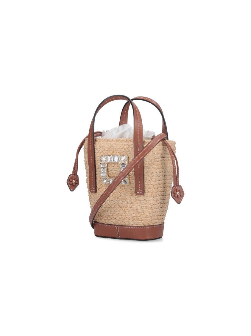 Roger Vivier Mini Shoulder Bag With Raffia Body In Neutral