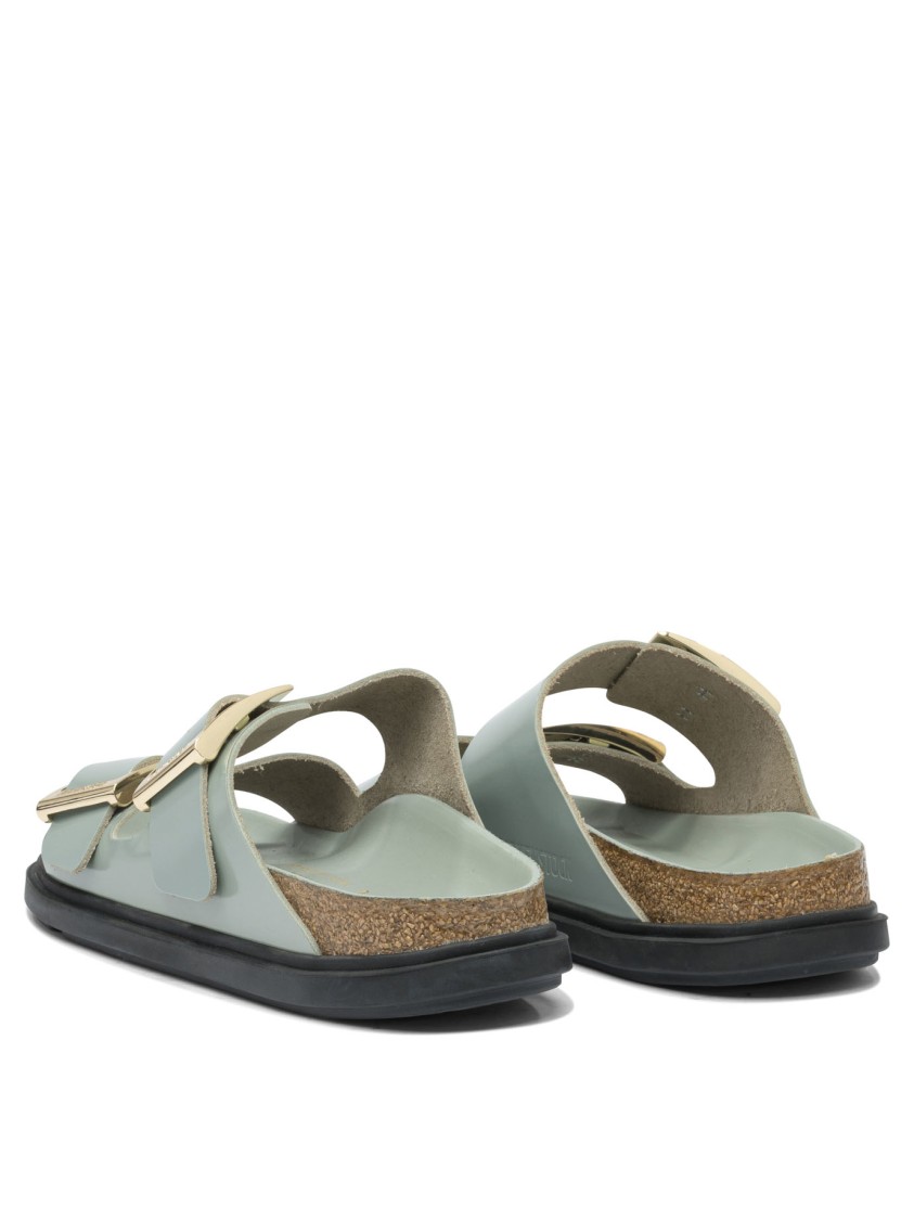 Birkenstock Contoured Leather Sandals With Adjustable Metallic Buckles In Gray