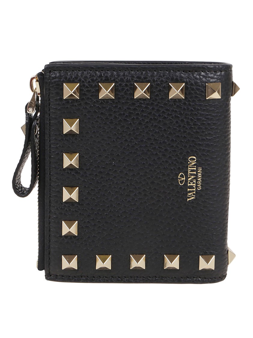 Valentino Garavani Garnet Calfskin Rockstud Coin And Card Holder In Black