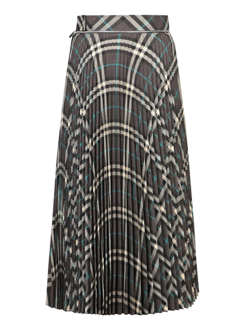 Shop Burberry Pleated Midi Skirt With Classic Check And Turquoise Accents In Grey