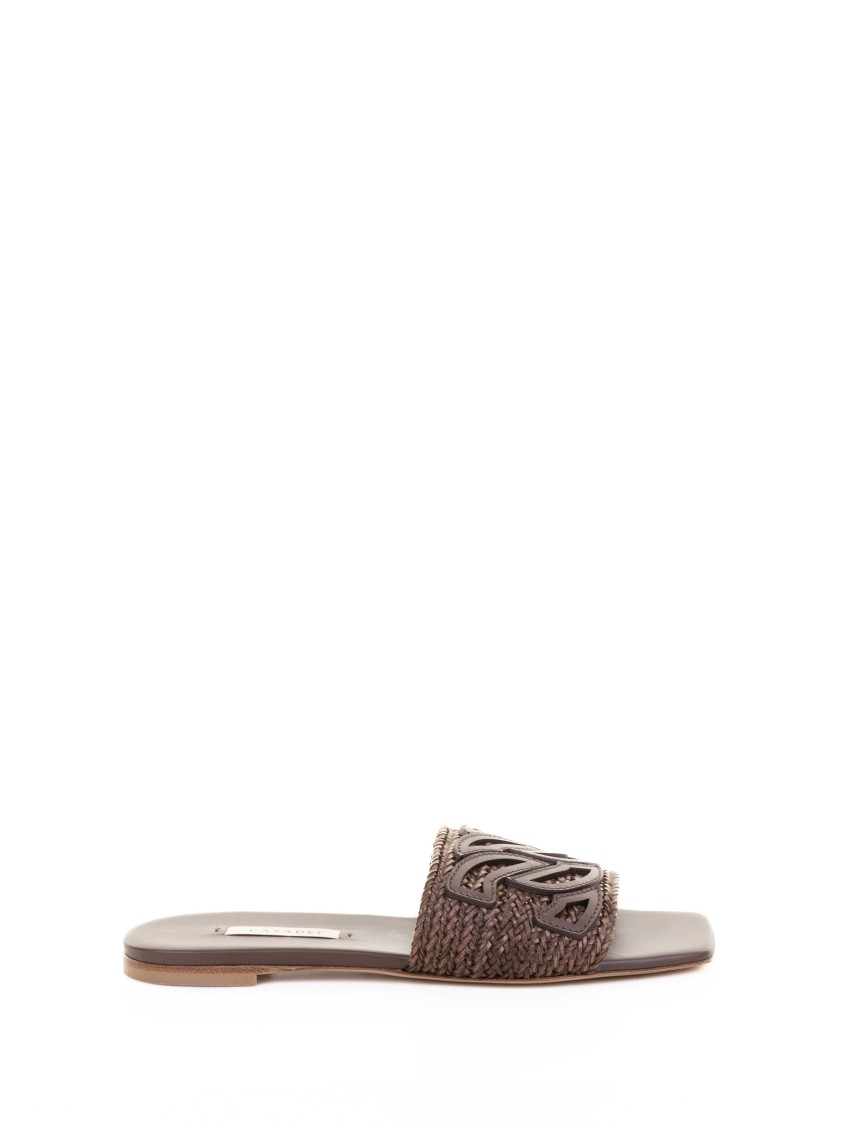Casadei Brown Slide Sandals With Embossed Logo In Raffia Woman