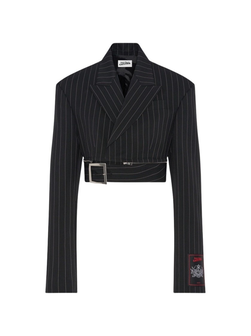 Jean Paul Gaultier Double-breasted Belted Cropped Pinstriped Wool-twill Blazer In Black