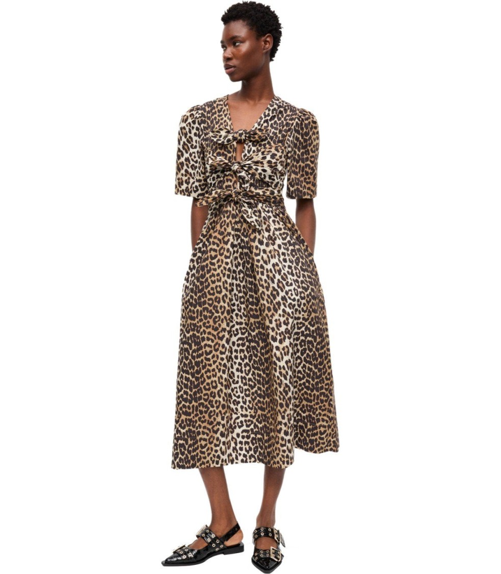 Ganni Leopard Print Cotton Midi Dress In Animal Print