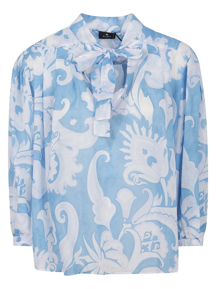 Etro Loose-fit Cotton Shirt With V-neck And Floral Pattern In Blue