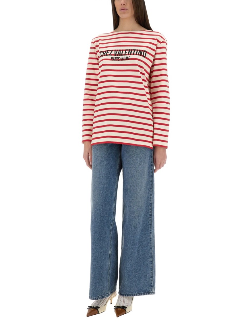 Valentino Striped Cotton Jersey Long Sleeve T-shirt Ivory And Red In Red