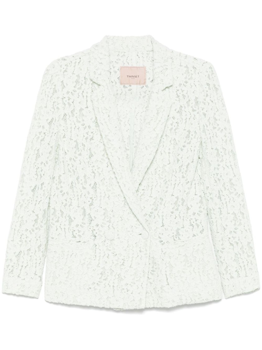 Shop Twinset Twin-set Tailored Green Jacket With Lace Detail In White
