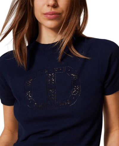 TWINSET TWIN-SET MOCK NECK T-SHIRT WITH TEXTURED FINISH AND FLORAL ACCENTS